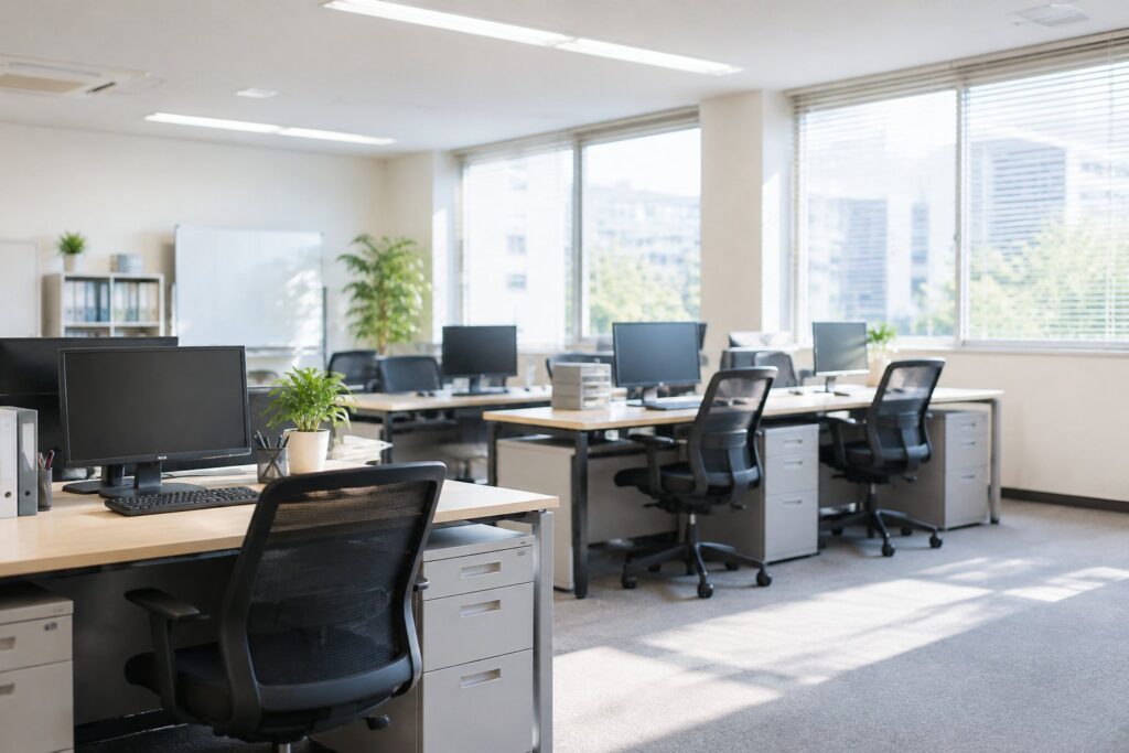 朝の光が入る中小企業の事務所に並ぶデスクと椅子