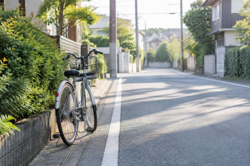 朝の住宅街の道端に停めてある一台の自転車
