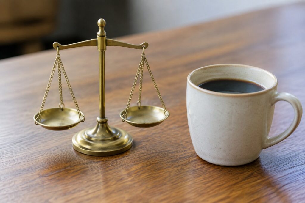 デスクの上の小さな真鍮の天秤とコーヒーカップ