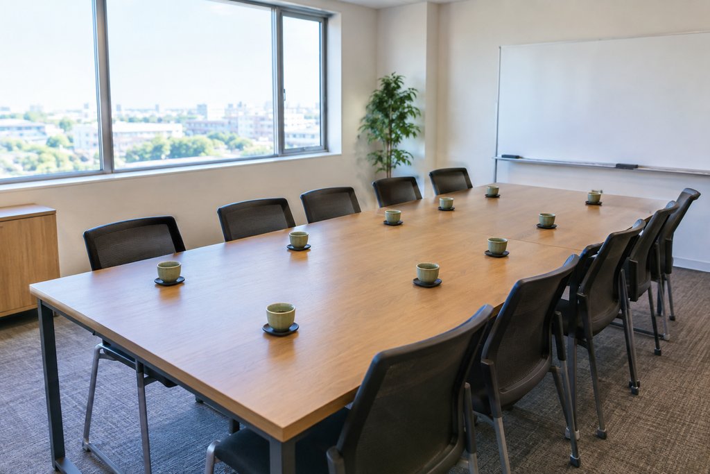 椅子が揃えられ各席に湯呑みが置かれた会議室