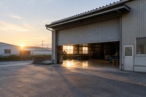 朝日の差し込む中小企業の工場の入口