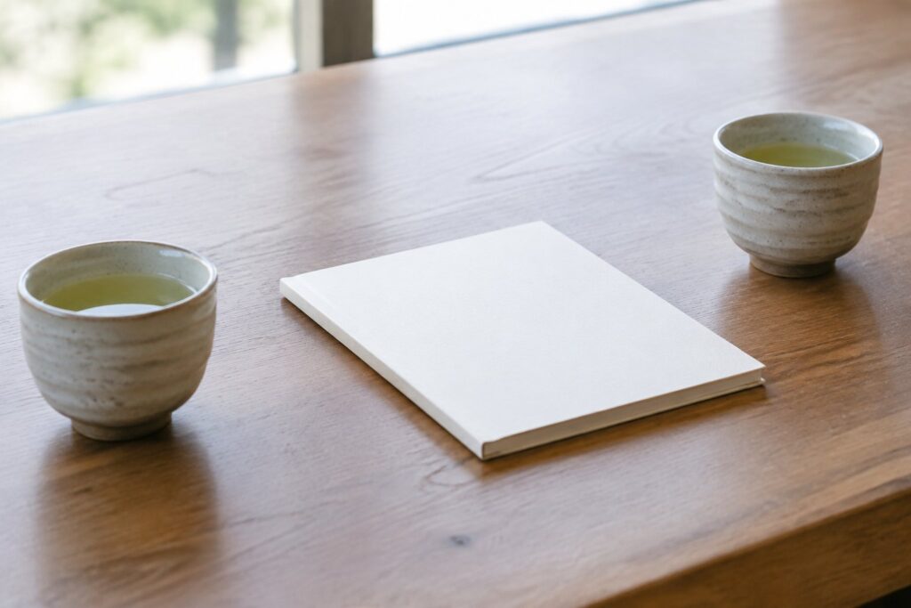 向かい合わせに置かれた2つの湯呑みと閉じたノート