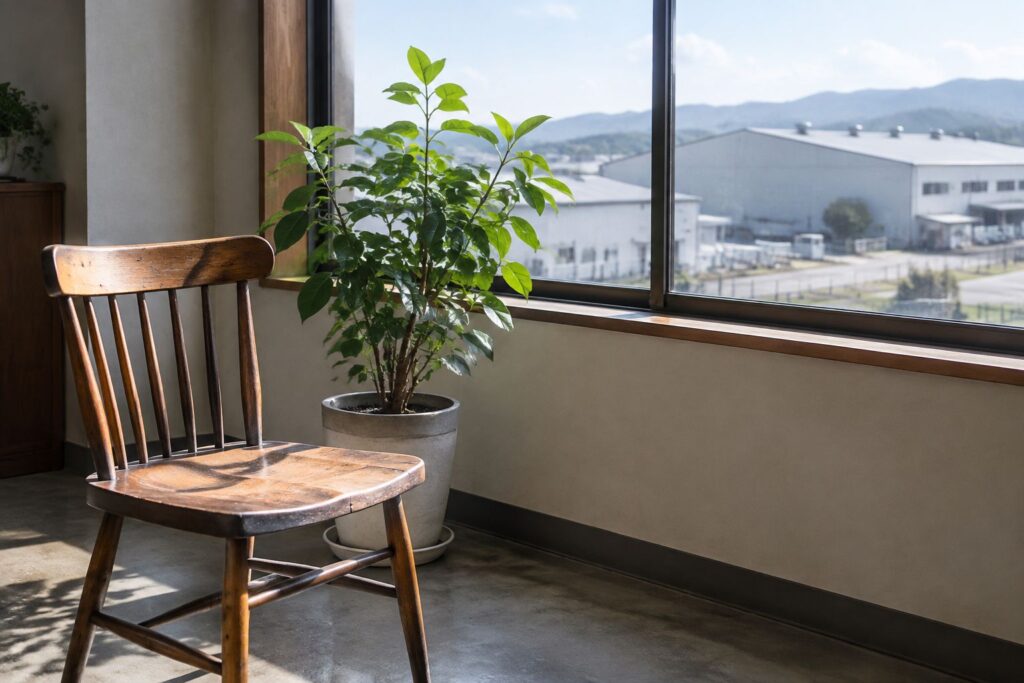 窓際の観葉植物と使い込まれた木の椅子