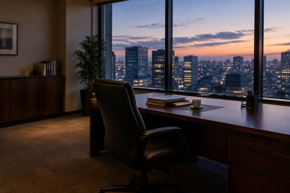 夕方の光が入る中小企業の社長室の机