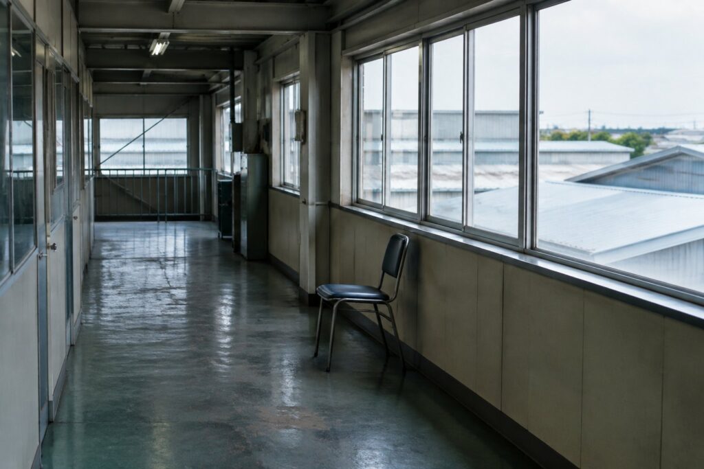 町工場の廊下の窓際に置かれた一脚の椅子